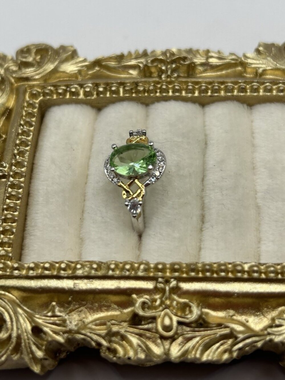 Sterling Silver Ring S925 Green Oval Gemstone w/ Gold Accents & CZ Halo Sz 7 - Picture 5 of 13